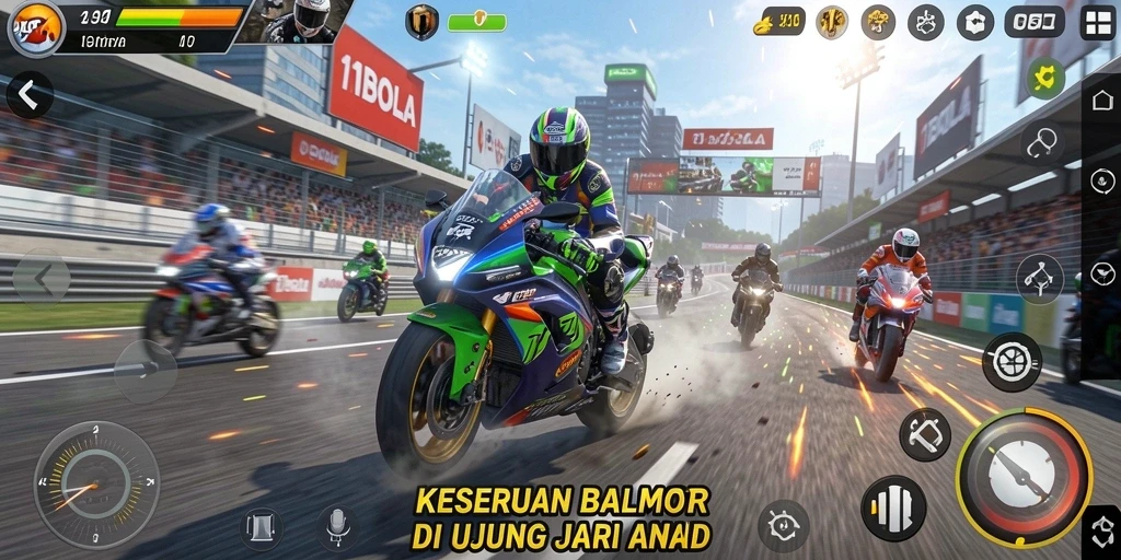 Gameplay mendebarkan di lintasan balap motor 11BOLA.