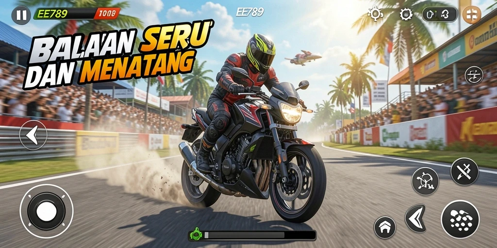 Gameplay seru dan mendebarkan di EE789 saat balapan motor mendebarkan.