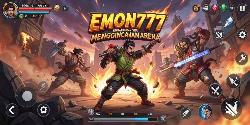 Screenshot utama EMON777 menunjukkan pertarungan seru antar karakter.