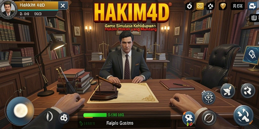 Screenshot menunjukkan gameplay HAKIM4D saat mengadili kasus di pengadilan.