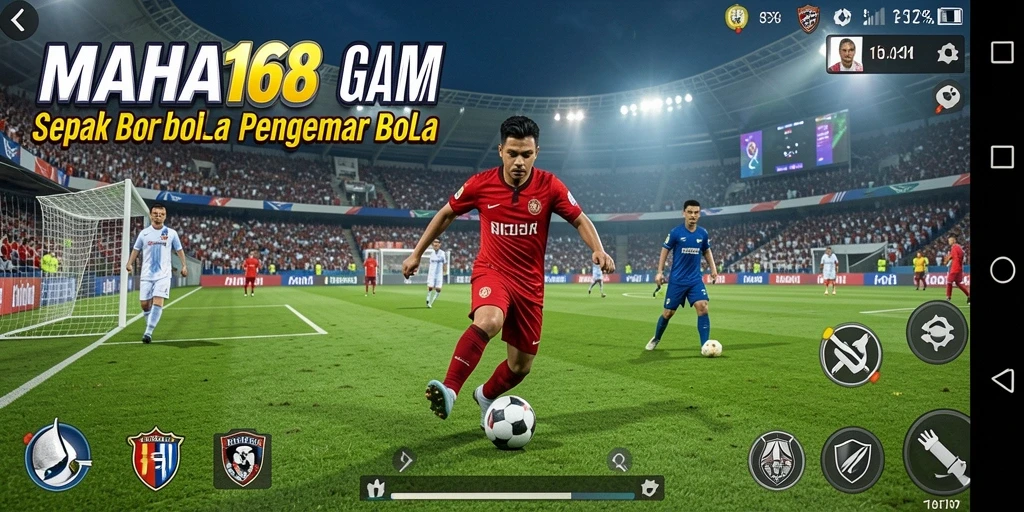 Tampilan gameplay MAHA168 dengan aksi sepak bola yang mendebarkan.